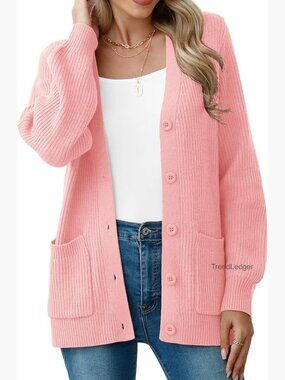 Chunky Knit Cardigan Sweater with Pockets, V-Neck, Long Sleeve for Fall Winter
